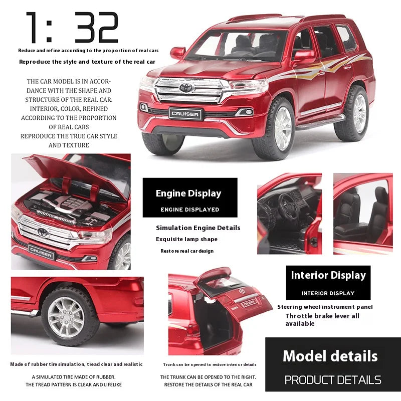 1:32 Toyota Land Cruiser Car Model Alloy Diecast Car Central Control Ornaments Sound & Light Toy Trendy Ornaments Gift For Kids