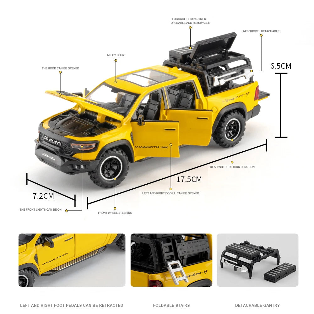 1:32 Dodge RAM 1000 TRX Mammoth Picku Alloy Car Model Sound And Light Pull Back Children's Toy Collectibles Birthday Gift